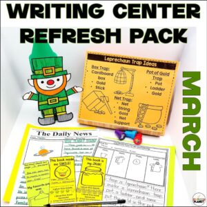 Image of March Writing Templates: Leprechaun Trap Idea Poster, Leprechaun Craft, Book Review Bookmarks, and Blank Newspaper Templates. Text: Writing Center Refresh Pack March