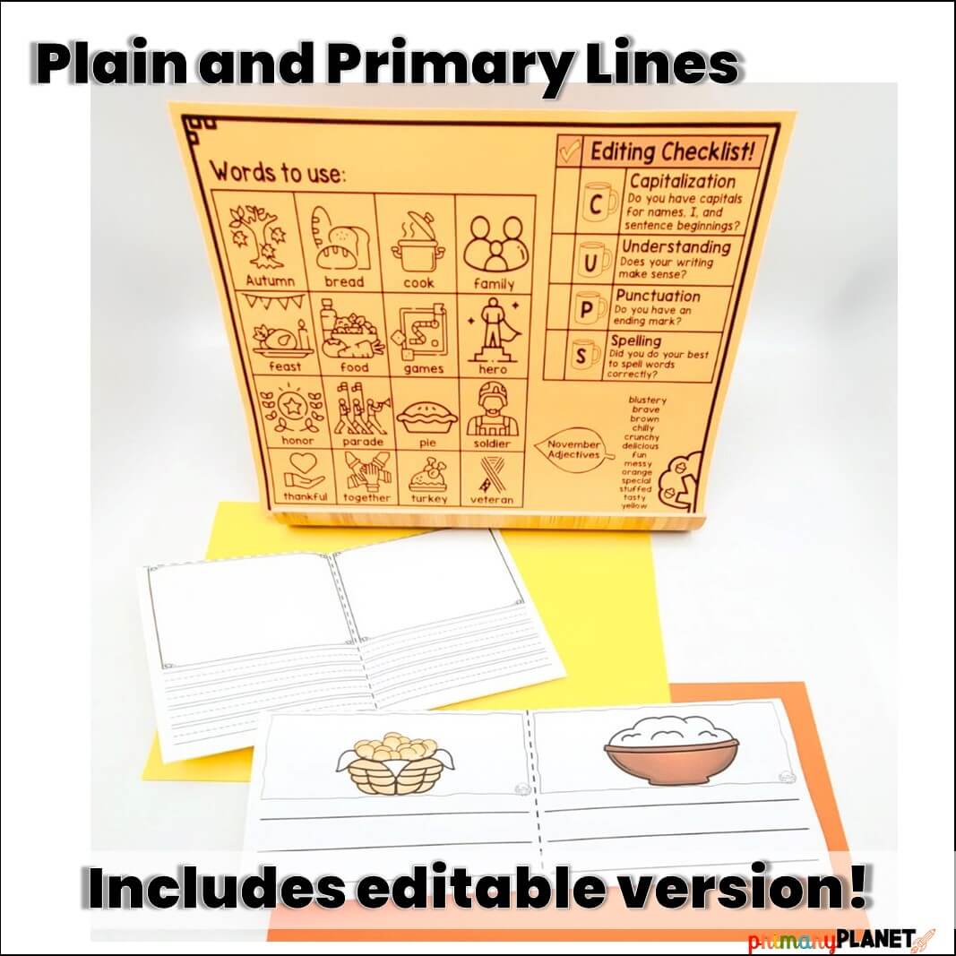 Image of Fall Foldable Mini-Books with November Word Bank. Text: Plain and Primary Lines, Includes editable version.