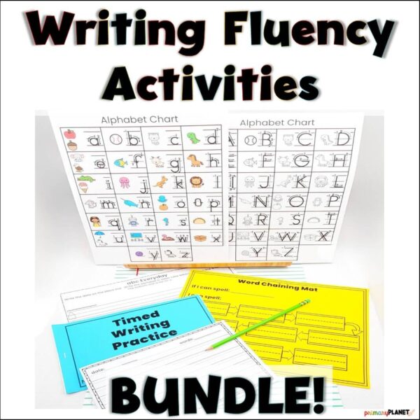Image of writing-fluency-worksheets and alphabet charts. Text: Writing Fluency Activities BUNDLE!