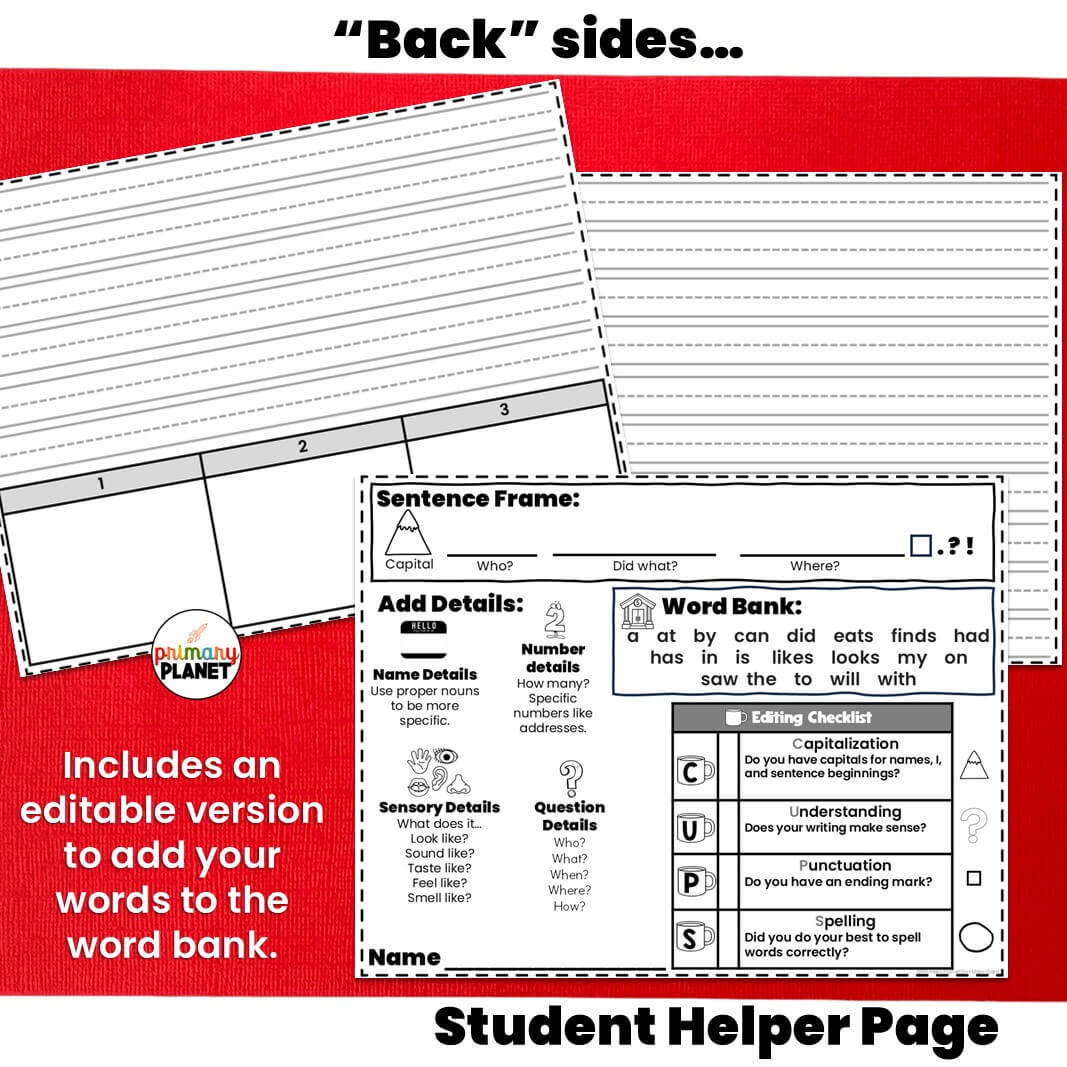 Image of lined writing paper, lined paper with picture boxes, Student Helper Page. Text: "Back" Sides, Student Helper Page. Editable version to add your own words included.