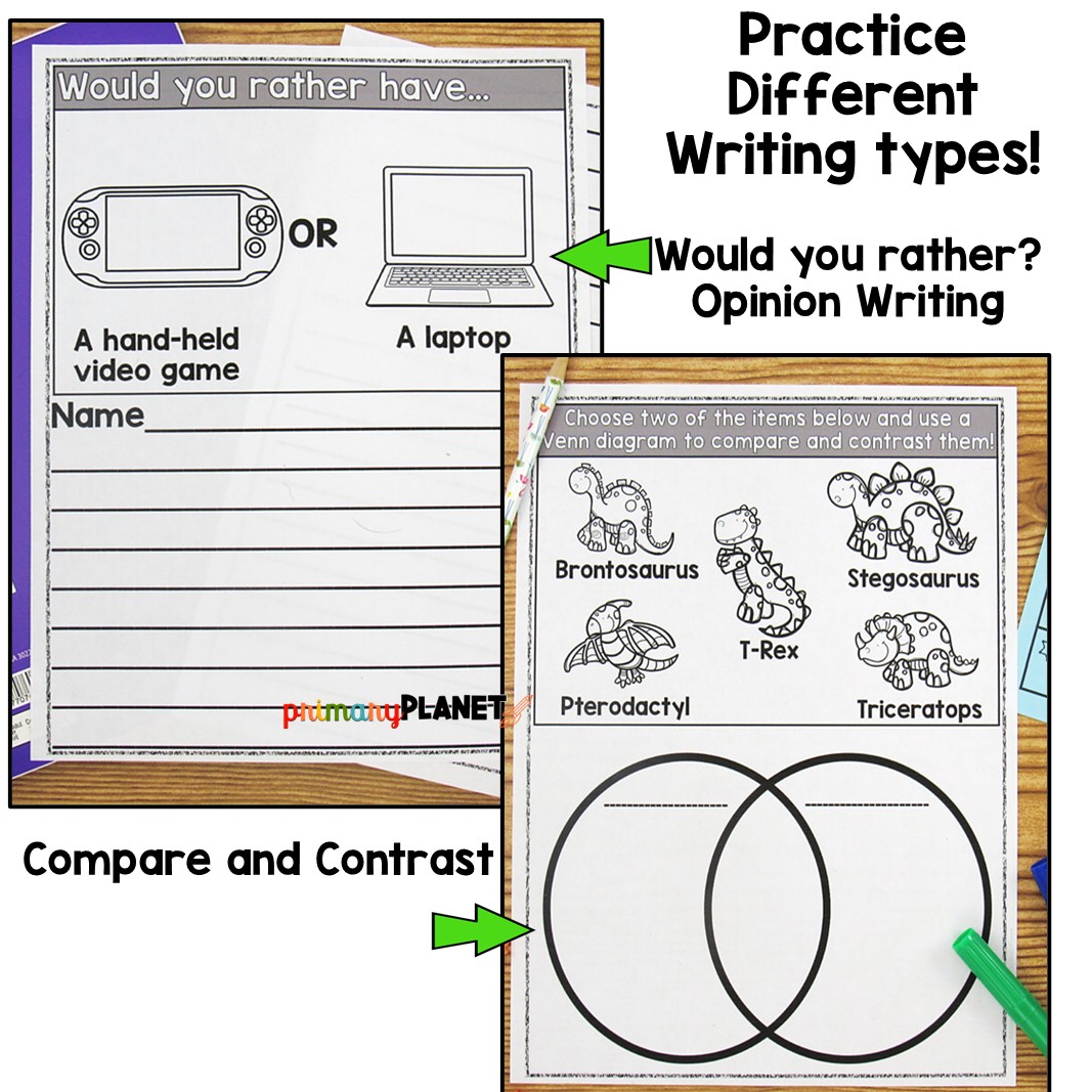 Image of creative picture writing prompts, would you rather and compare and contrast writing. Text: Practice Different Writing types: Would you rather opinion wirting, and compare and contrast with built in venn diagram graphic organizer.
