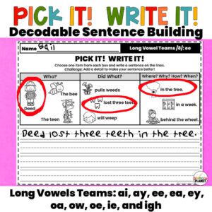 Cover image of Long Vowel Teams Sentence Building Worksheets. Text: Pick it! Write it! Decodable Sentence Builing. Long Vowel Teams.