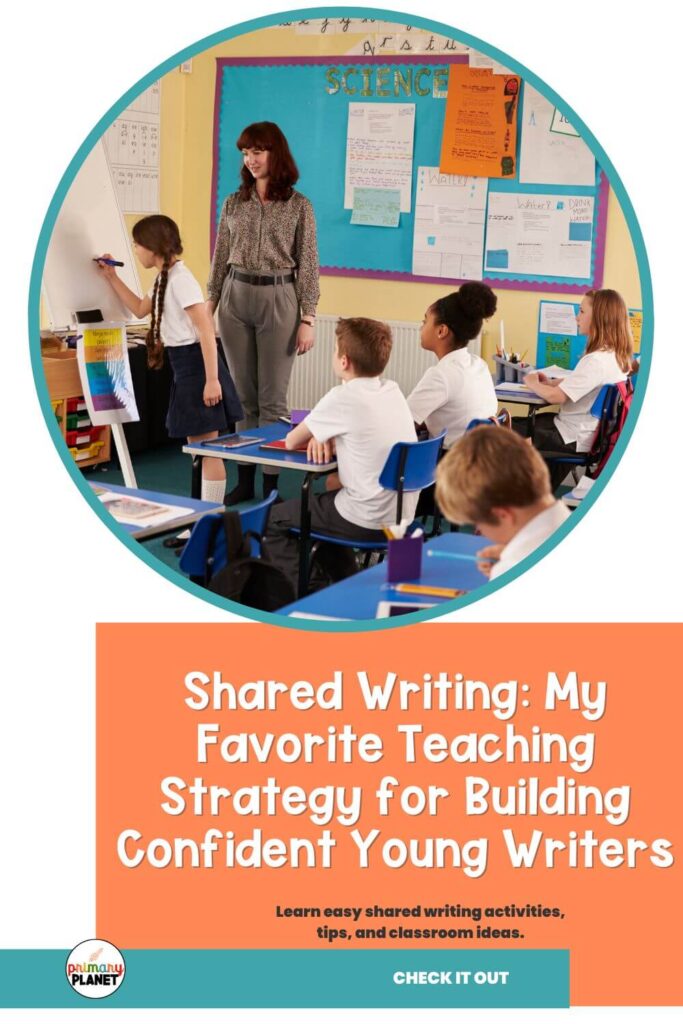 Image of teacher and student using shared writing. Text: Shared Writing: My Favorite Teaching Strategy for Building Confident Writers.