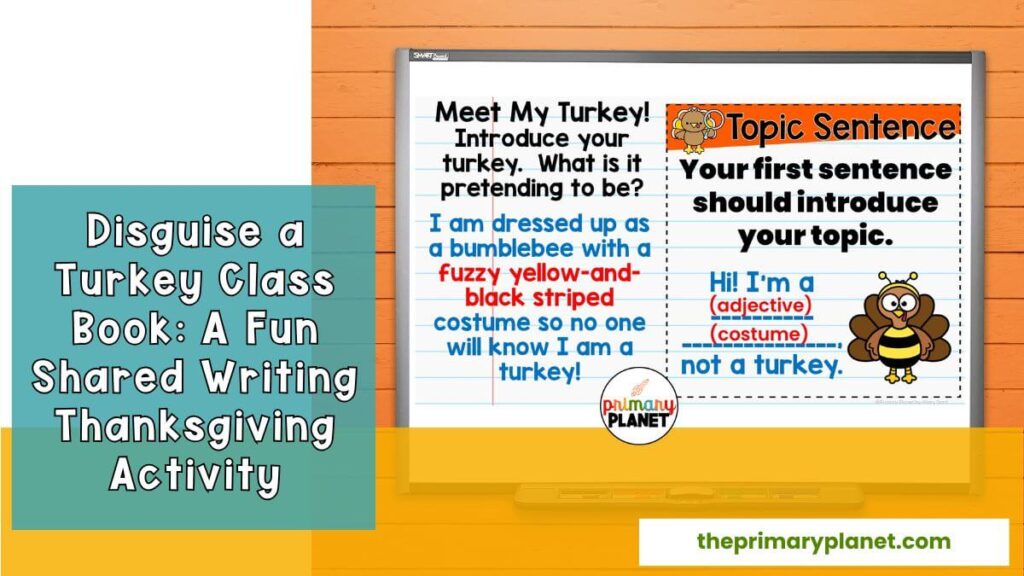 Image of smartboard with a Sentence a Day Disguise a turkey teacher slide displayed. Text: