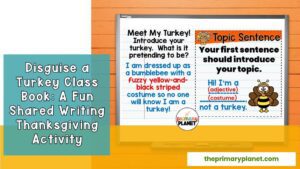 Image of smartboard with a Sentence a Day Disguise a turkey teacher slide displayed. Text: Disguide a Turkey Class : A fun shared writing Thanksgiving Activity.