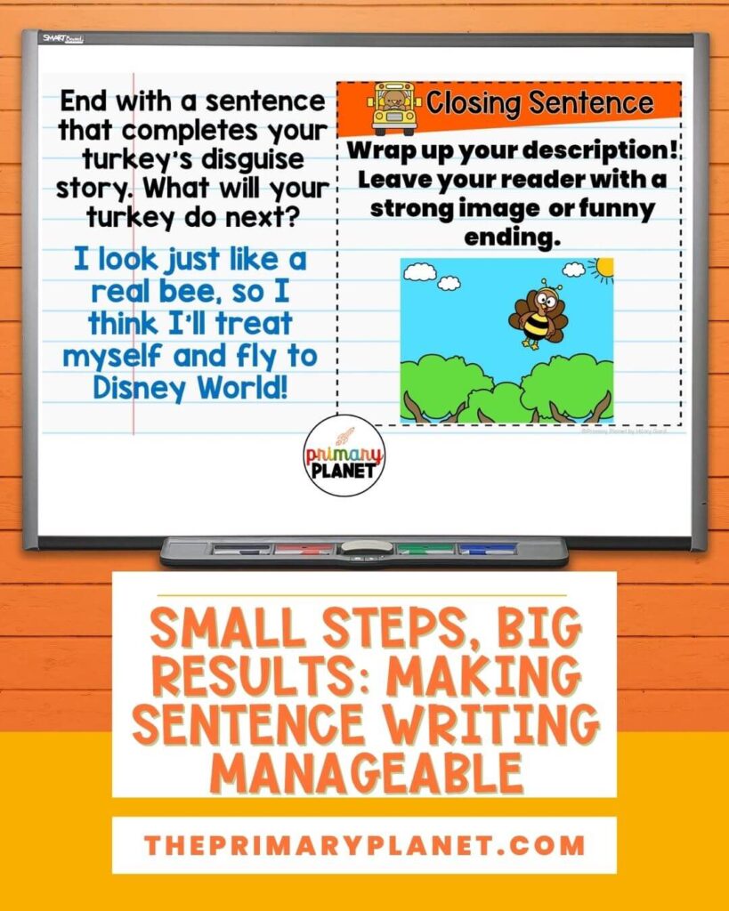 Image of Disguise the Turkey Classbook Sentence a Day. Text: Small steps, big results making sentence writing manageable.