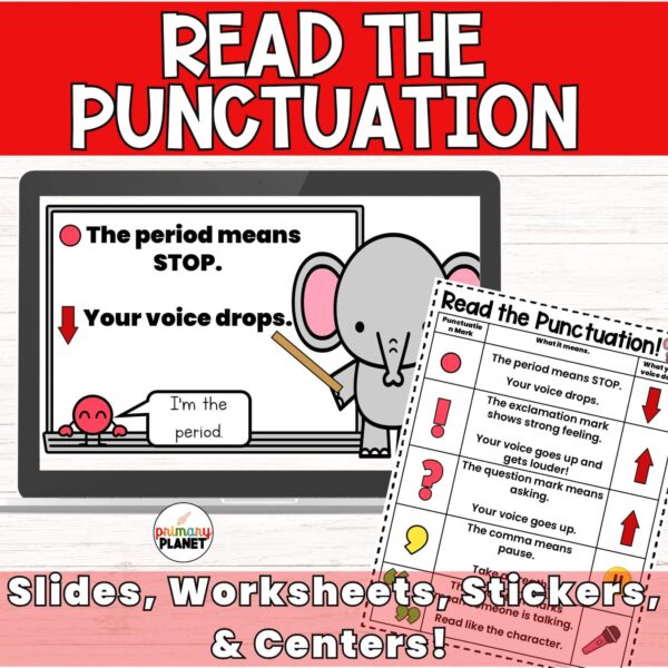 Image of Read the Punctuation Reading Fluency Activities. Text: Read the Punctuation: Slides, Worksheets, Stickers, and Centers.