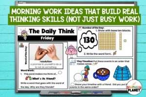 Image of The Daily Think on a Smartboard. Moring work ideas that build thinking skills (not just busy work)