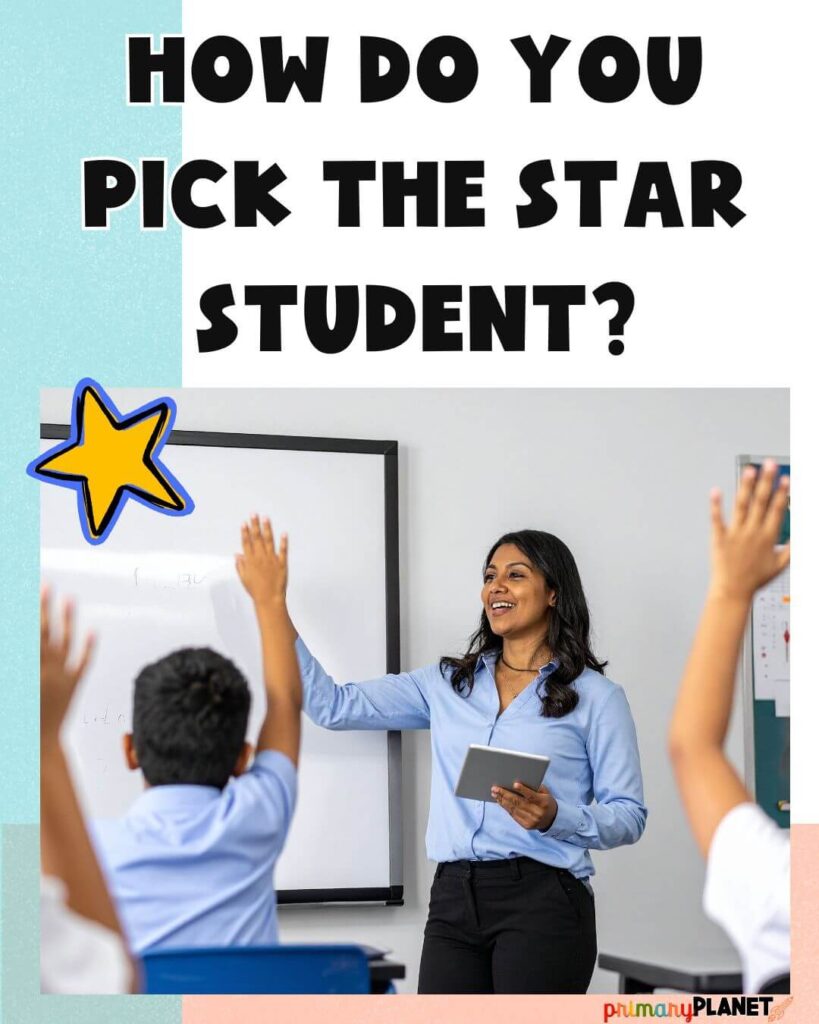 Image of teacher in front of students raising their hands. Text: How do you pick the star student? Classroom Helper System