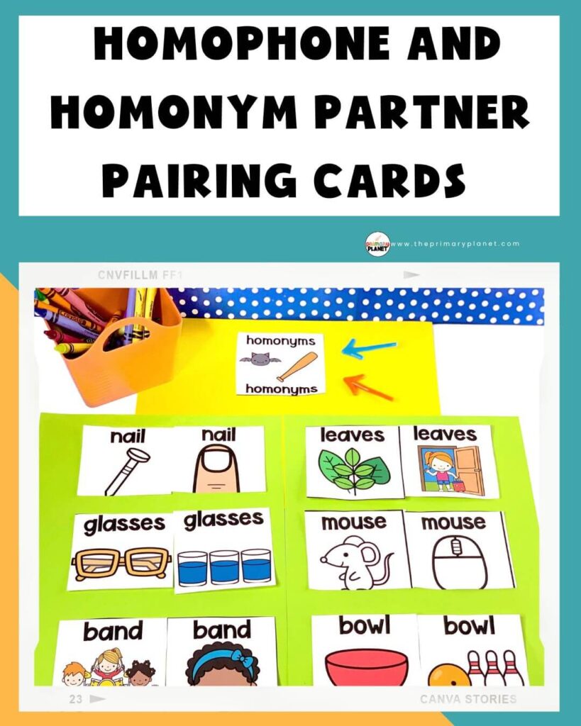 Image of Homophone and Homonym partner pairing cards. Text: Homeschool Suggestions. Teaching Vocabulary with Homophones and Homonyms