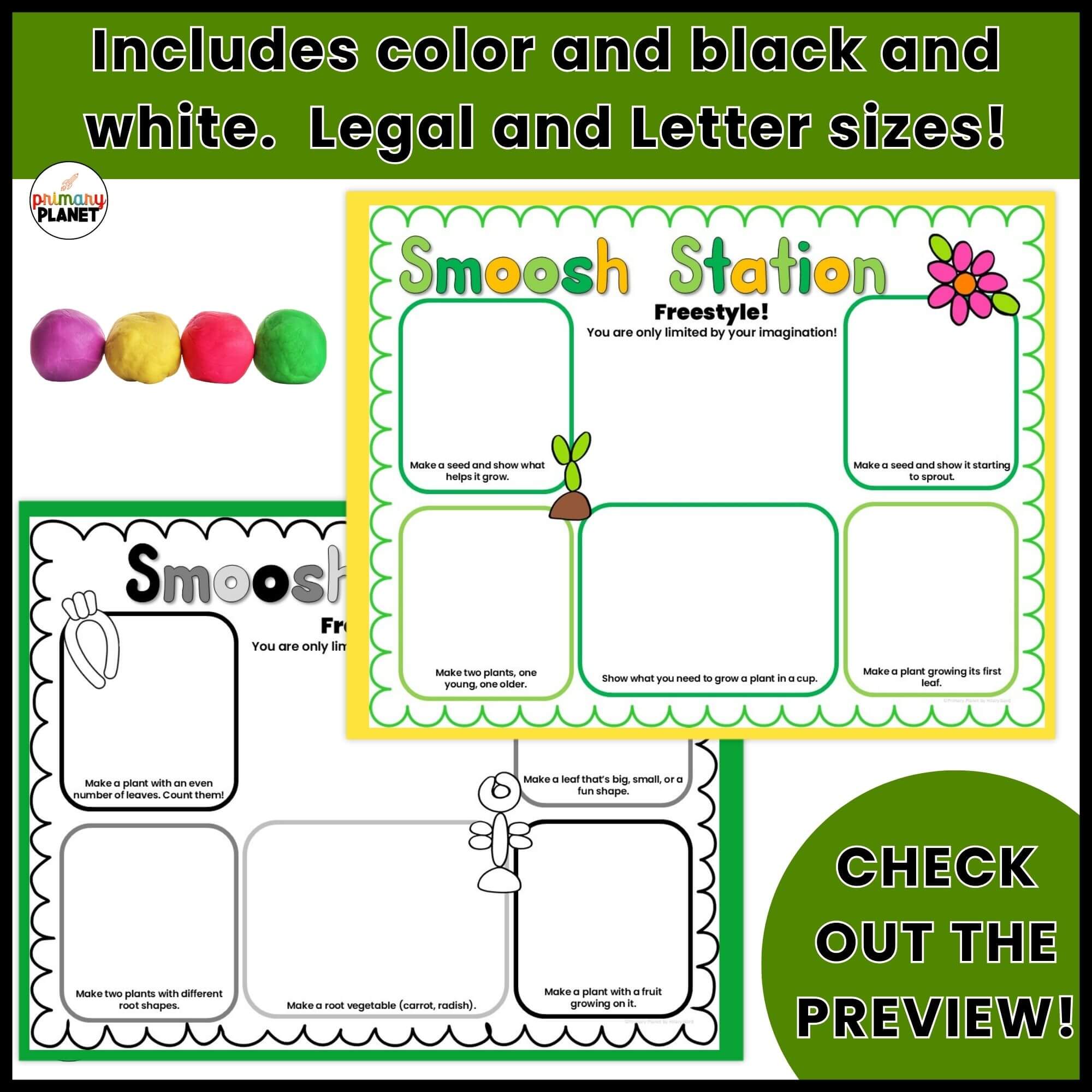 Plant STEM playdough mats in color and black and white, legal and letter size, for kindergarten plant science centers