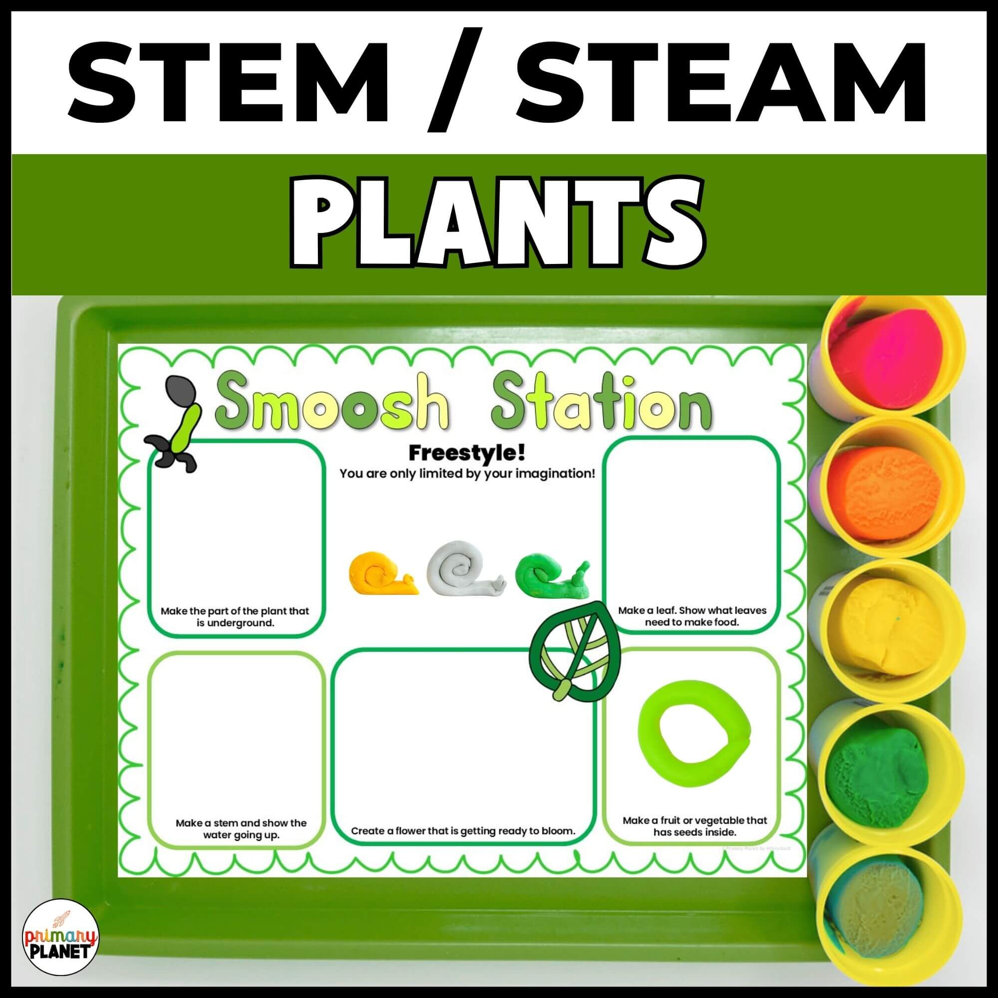 plant STEM playdough mats STEAM Smoosh Station playdough mat showing plant parts activities for K-2 science centers and morning tubs