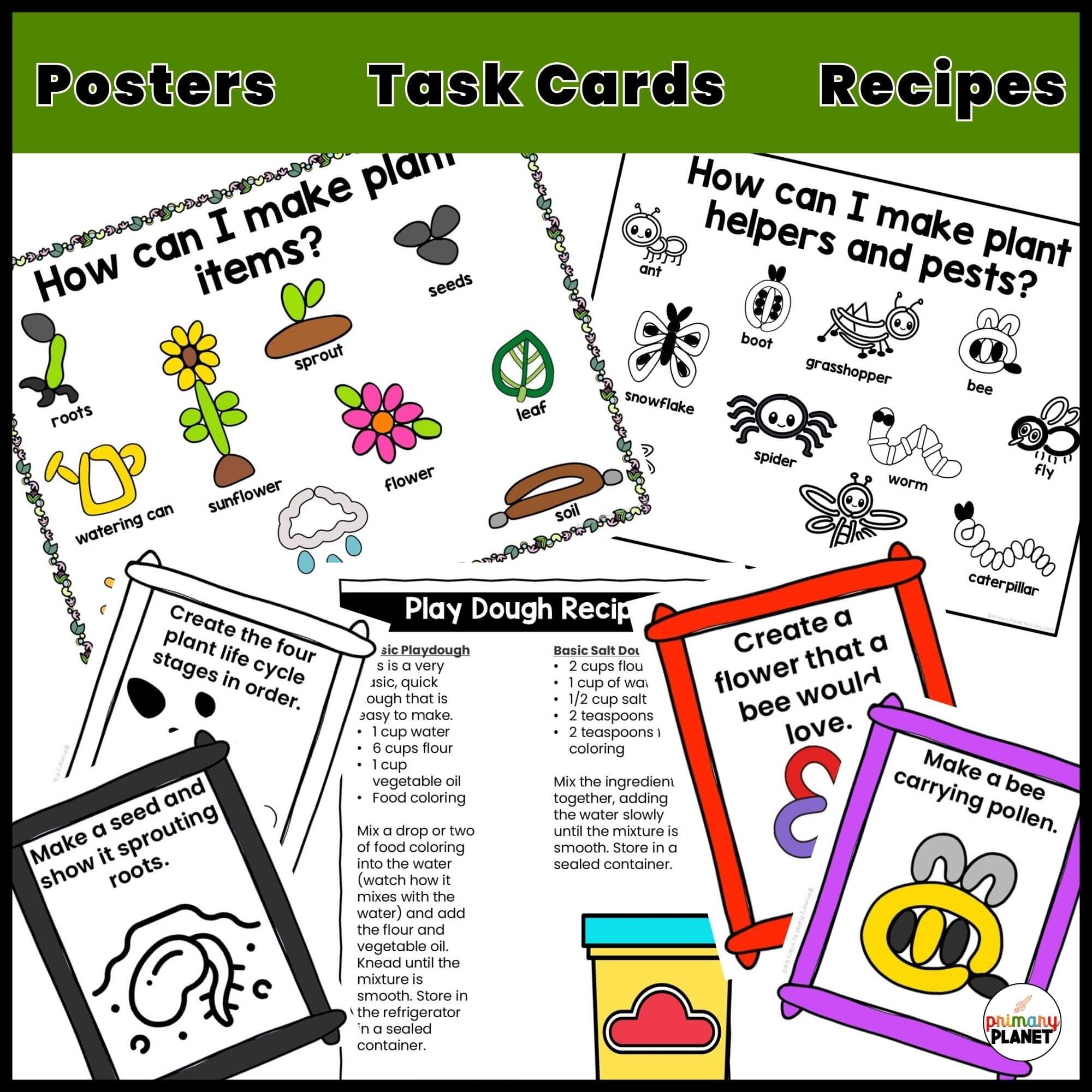 Plant STEM playdough activity posters, task cards, and playdough recipes covering plant parts, plant needs, and plant life cycle for K-2
