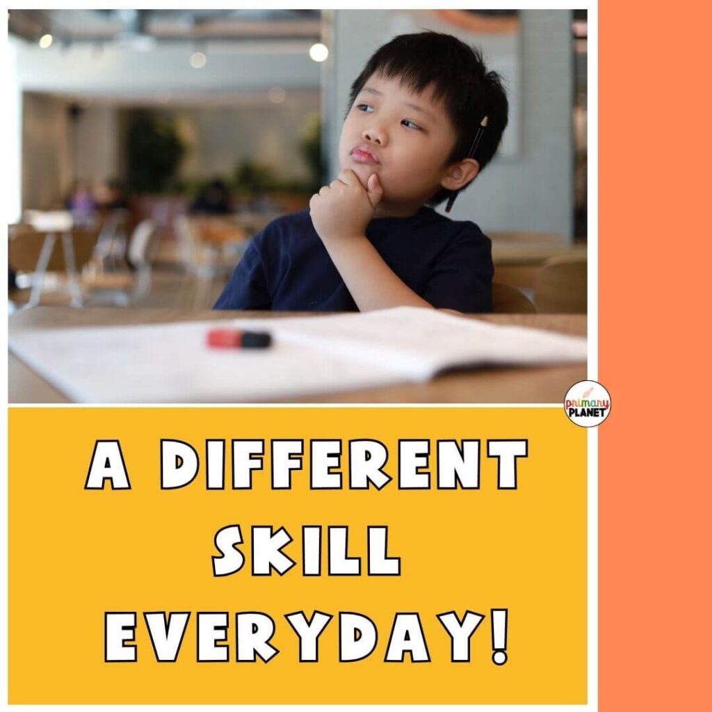 Image of child thinking about the morning message for k-2. Text: A Different Skill Everyday!