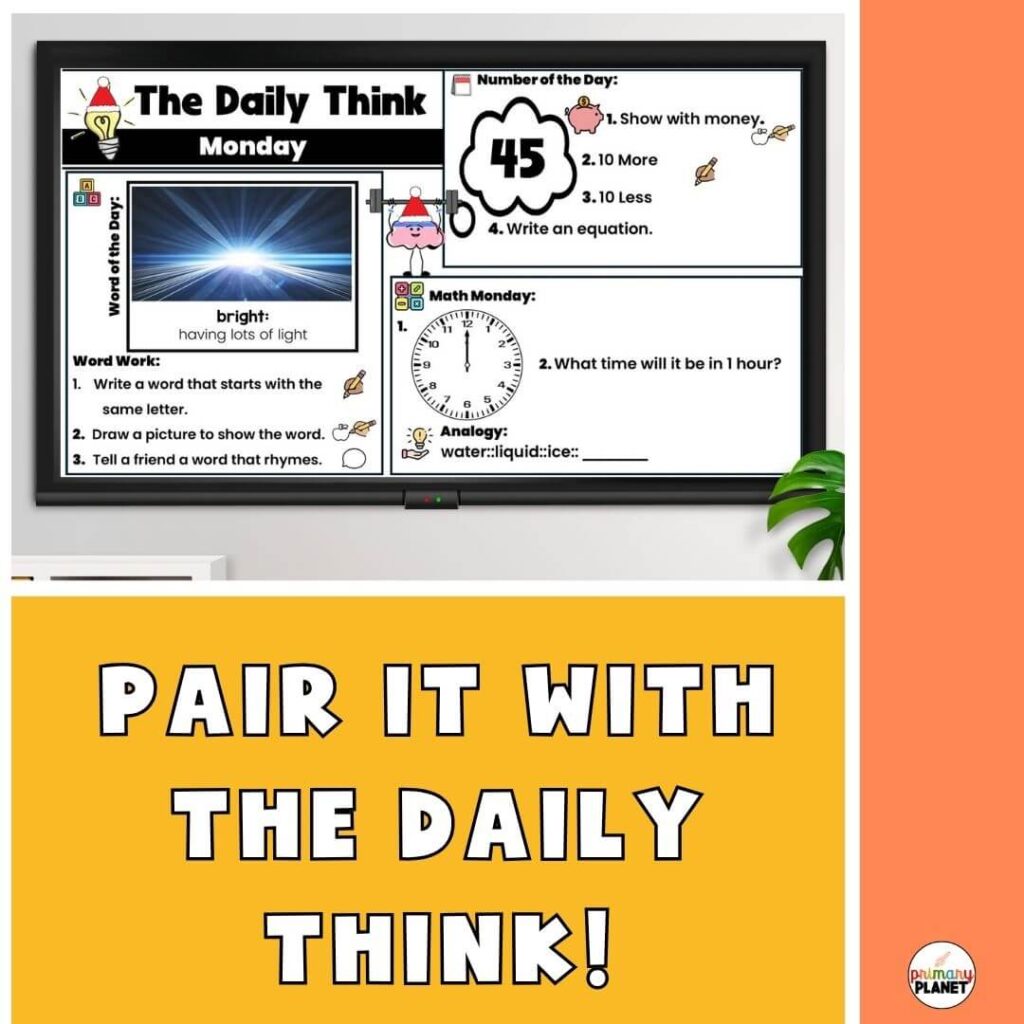 Image of the daily think morning work. Text: Pair it with the Daily Think (morning message for k-2).