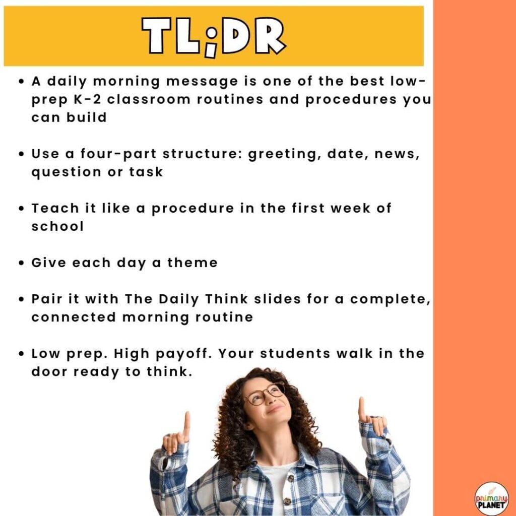 Image of teacher pointing up at the TL;DR summary of this Morning Message for K-2 post.
