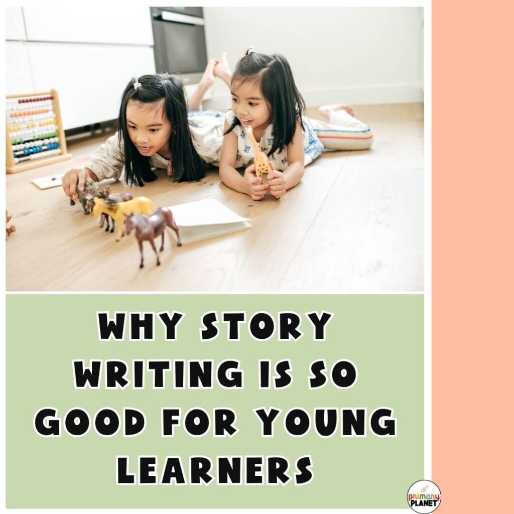 Image of 2 little girls playing with horse toys and writing. Why Story Writing Is So Good for Young Learners.