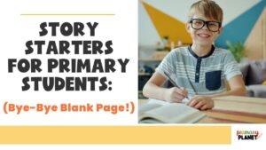 Story Starters for Primary Students: Bye-Bye Blank Page! Image of an adorable kiddo writing.