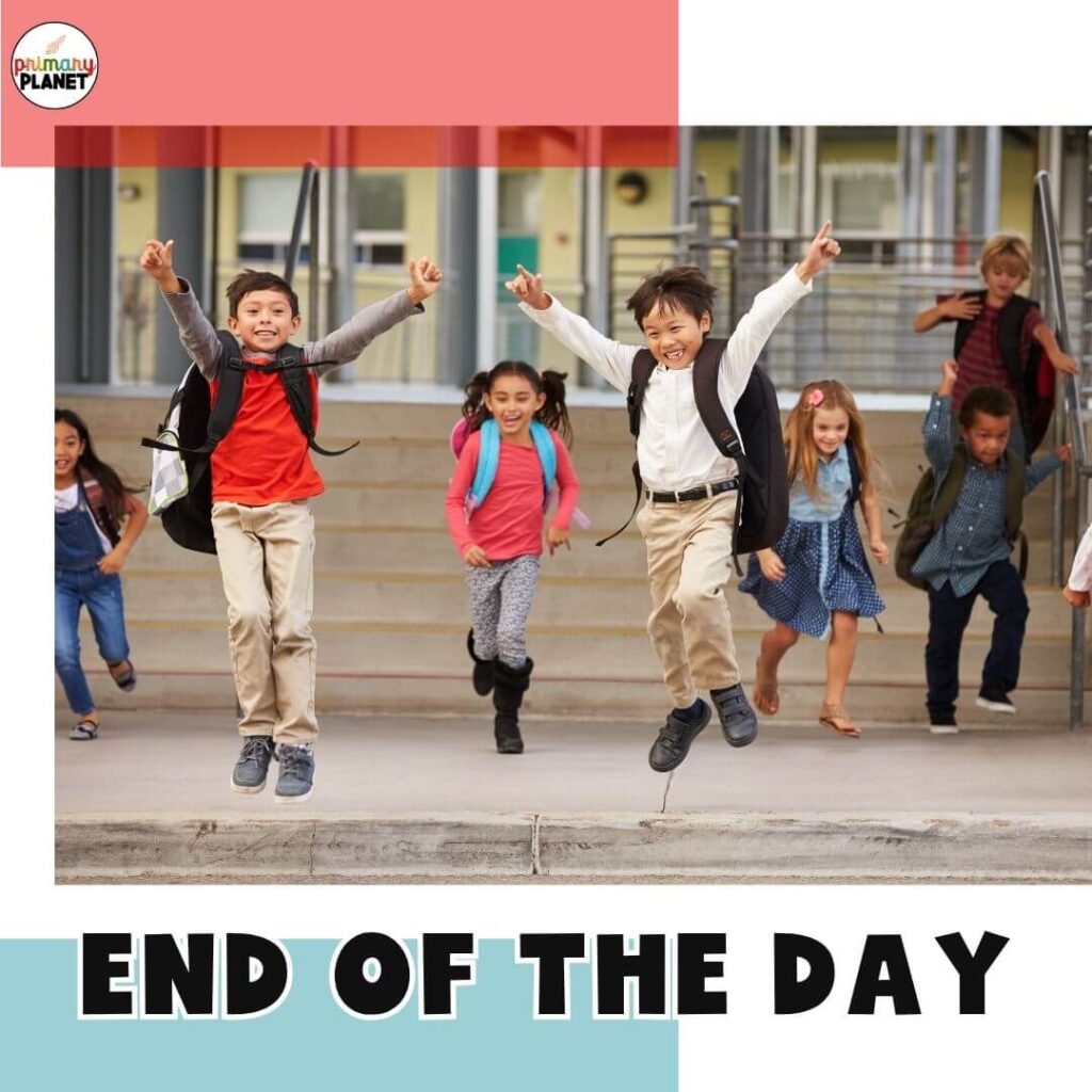 Image of kiddos leaving school. Text: End of the day