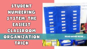 Image of a classroom organization pocket chart with student numbers. Text: Student Numbering System: The Easiest Classroom Organization Trick
