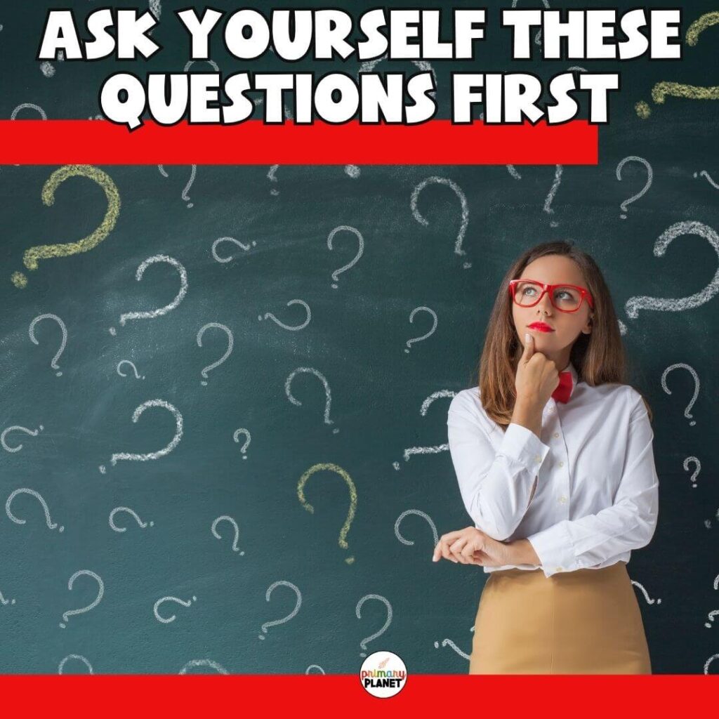 Image of teacher thinking surrounded by question marks. Text: Ask yourself these questions before the first day of school