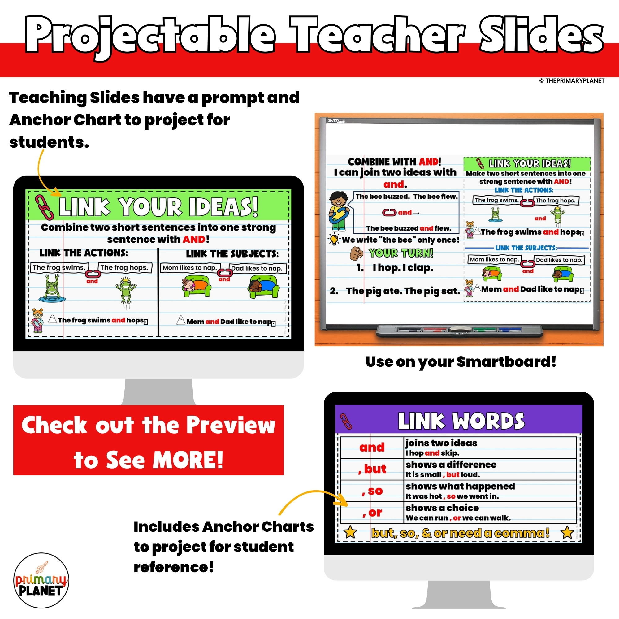 Image of Projectable teacher slides for Combining Sentences with And, But, So, Or โ Compound Sentences Worksheets