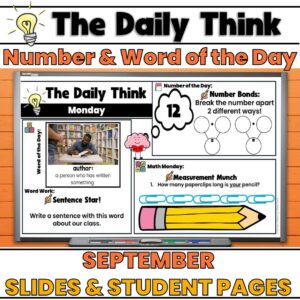 September morning slides cover showing a sample Word of the Day and Number of the Day slide for morning work