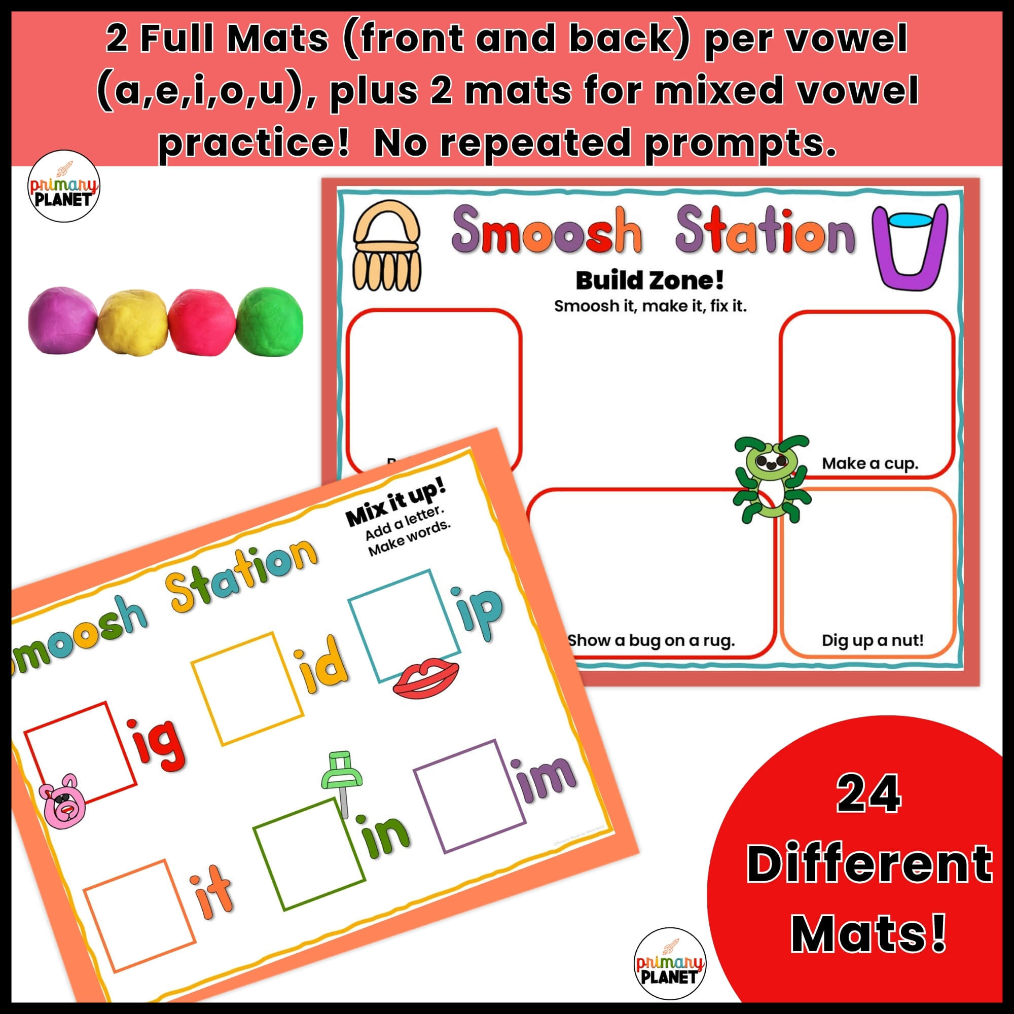 Playdough mat with decodable CVC word challenge prompts for short vowel practice