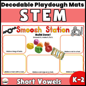 Decodable playdough mats cover for STEM and STEAM short vowel activities, grades 1-2