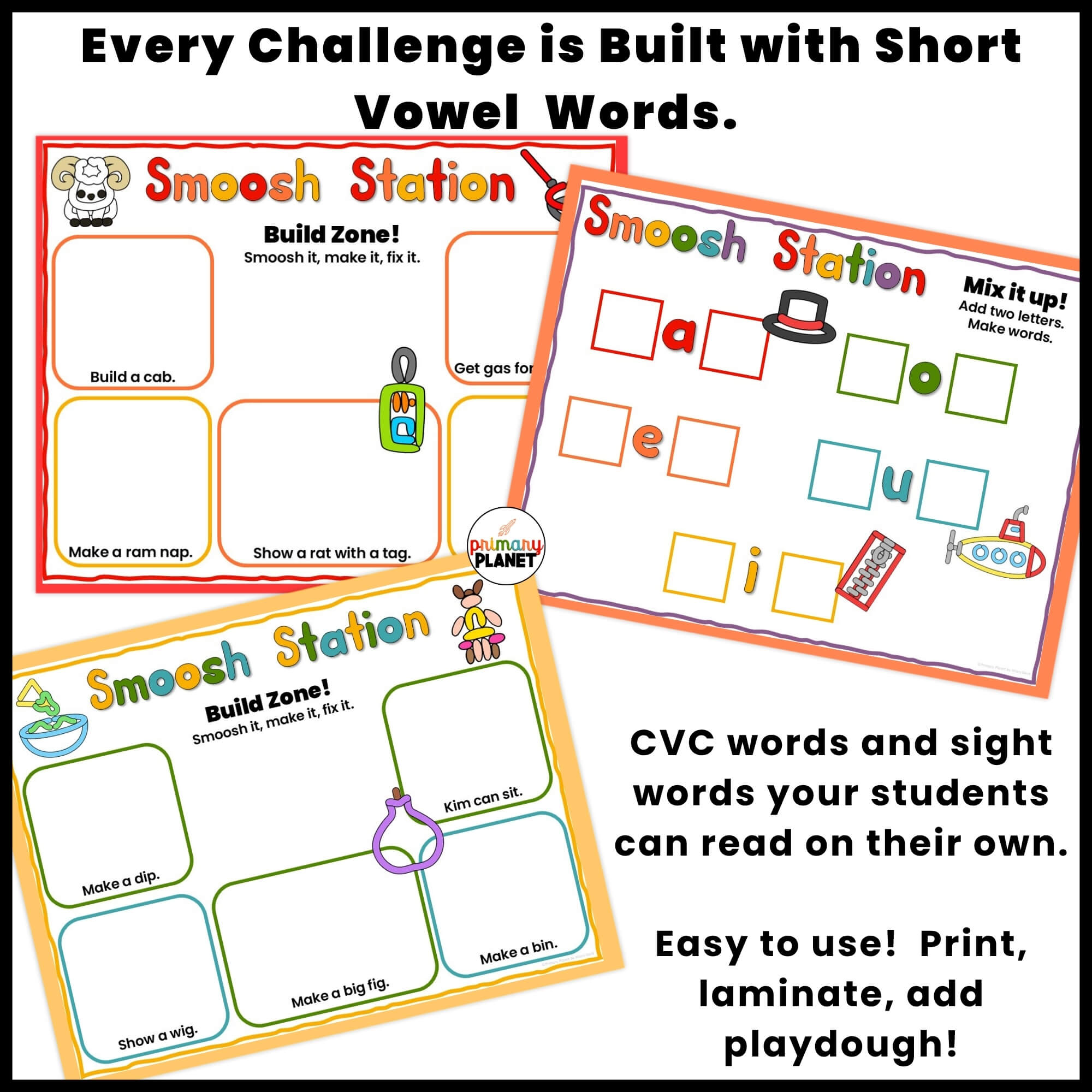 Two playdough mat sets per vowel showing different short vowel STEM challenges