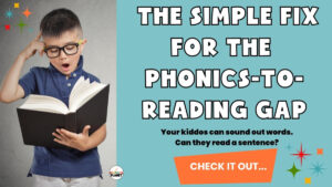 Boy reading a book next to the text the simple fix for the phonics to reading gap decodable sentences