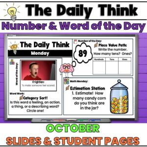 October morning work slides for 2nd grade cover showing Number of the Day and Word of the Day with a Halloween Estimation Station activity